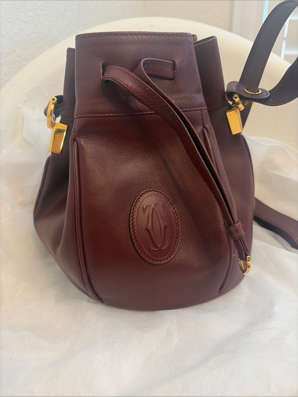 Authentic Cartier Bag, Leather, Bordeaux, Must Line, Drawstring